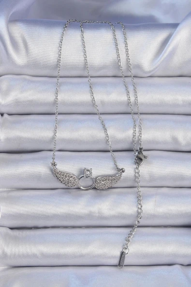 316L Çelik Zincir Gümüş Renk Kanatlı Tektaş Kolye - Resim 2