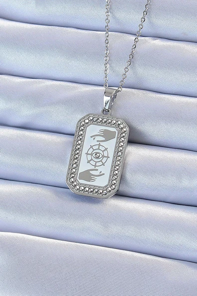 316L Çelik Zincir Gümüş Renk Mineli Zirkon Taşlı Göz Figür Tarot Kolye - 1