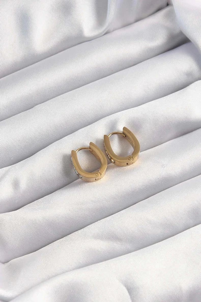 316L Çelik Altın Renk Zirkon Taşlı Halka Model Küpe - Resim 2