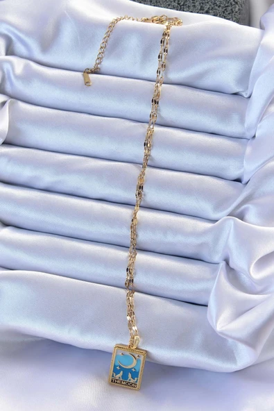 316L Çelik Zincir Altın Renk Mavi Mineli Ay Figür Tarot Kolye - Resim 2