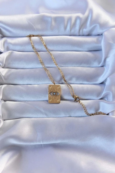 316L Altın Renk İşlemeli Nazarlı Vintage Kolye - Resim 2