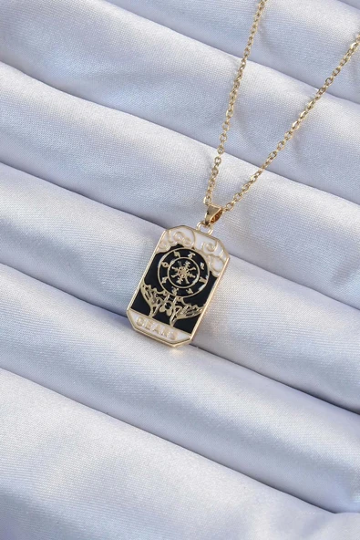 316L Çelik Zincir Altın Renk İşlemeli Siyah Mineli Tarot Kolye - 1