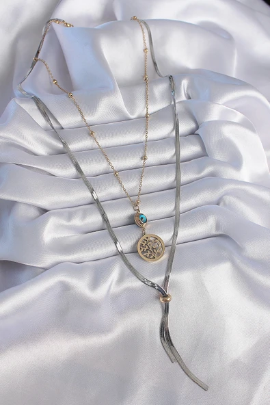 316L Çelik Mix Renk Filiz Figür Nazar Boncuk Detay Uzun Kadın Kolye - Resim 2