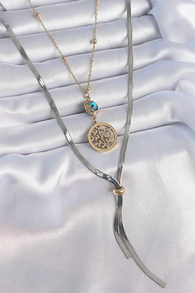 316L Çelik Mix Renk Filiz Figür Nazar Boncuk Detay Uzun Kadın Kolye ürün görseli