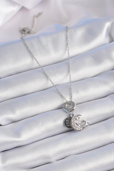 316L Çelik Gümüş Renk Zirkon Taşlı Ay Yıldız  Figür Charm Model Kadın Kolye - Resim 2