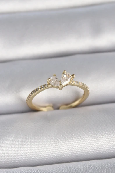 Pirinç Gold Renk Ayarlanabilir Zirkon Taşlı Kalp Model Kadın Yüzük - 1