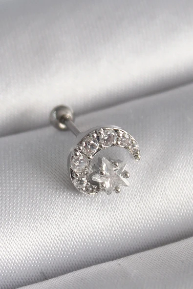 316L Çelik Gümüş Renk Zirkon Taşlı Ay Yıldız Tragus Piercing