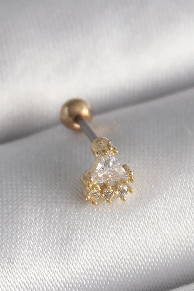 316L Çelik Gold Renk Üçgen Zirkon Taşlı Tragus Piercing ürün görseli 1
