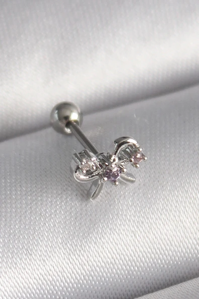 316L Çelik Gümüş Renk Zirkon Taşlı Kurdele Tragus Piercing - 1