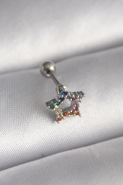 316L Çelik Gümüş Renk Renkli Zirkon Taşlı Yıldız Model Tragus Piercing ürün görseli 1