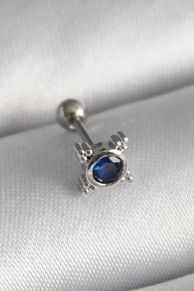 316L Çelik Gümüş Renk Mavi Zirkon Taşlı Tragus Piercing ürün görseli 1