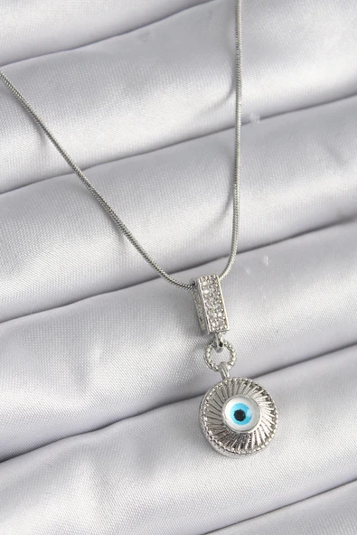 316L Çelik Gümüş Renk Zirkon Taşlı Nazar Boncuk Model Kadın Kolye ürün görseli