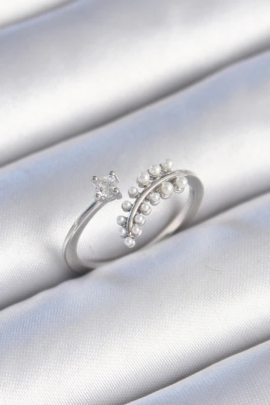 Pirinç Gümüş Renk Zirkon Taşlı İncili Yaprak Model Kadın Yüzük ürün görseli