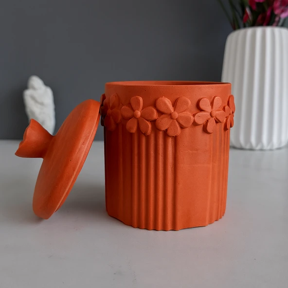 Beton Dekoratif Çiçek Detaylı Kavanoz - 3