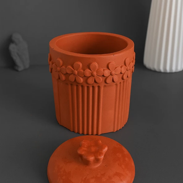 Beton Dekoratif Çiçek Detaylı Kavanoz - 2