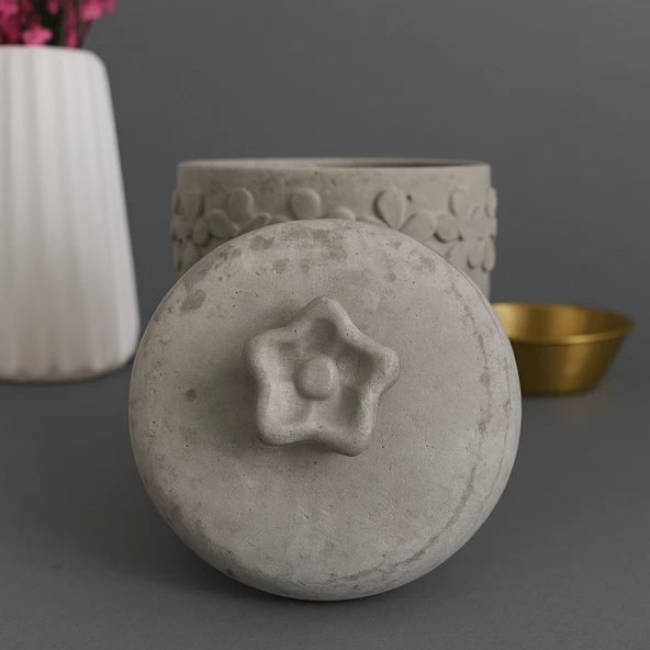 Beton Dekoratif Çiçek Detaylı Kavanoz - 3