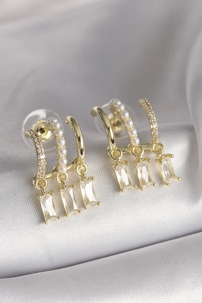 Pirinç Gold Renk İnci Detay Sallantı Zirkon Taşlı Kadın Küpe ürün görseli