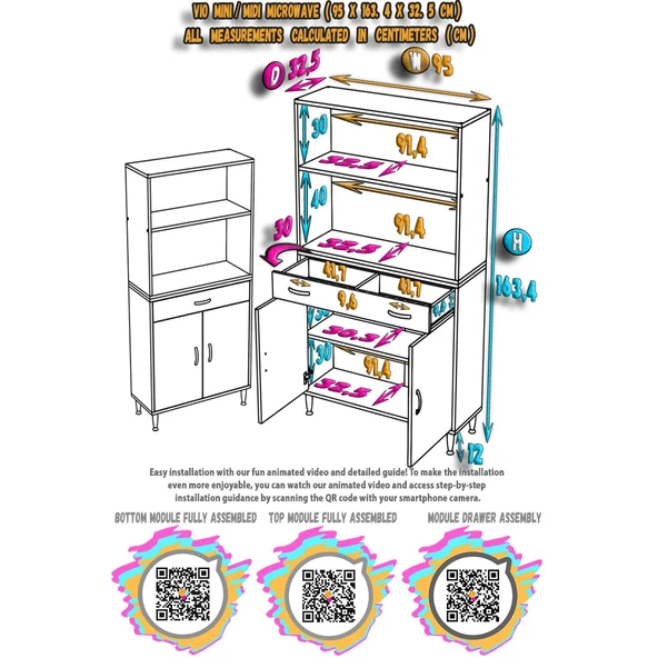 Modilayn VİO Fırın Dolabı (95x163,4x32.5 cm) Çekmeceli Kapaklı Mini/Midi Mikrodalga Mutfak Dolabı - Resim 5