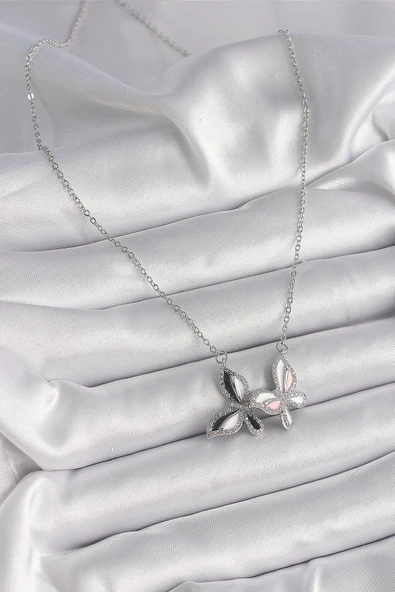316L Çelik Gümüş Renk Zincir Zirkon Taşlı Renkli Kelebek Model Kadın Kolye - Resim 2