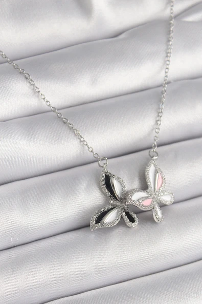 316L Çelik Gümüş Renk Zincir Zirkon Taşlı Renkli Kelebek Model Kadın Kolye ürün görseli