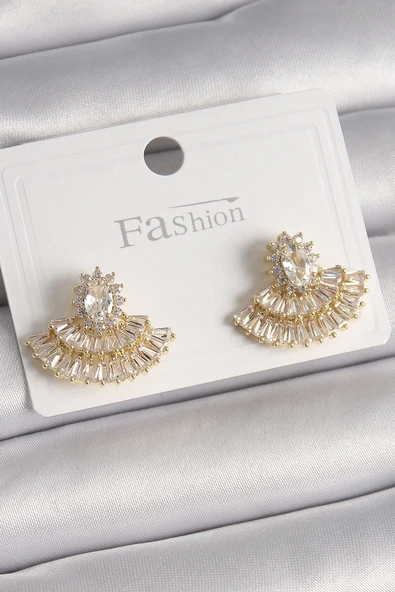 Pirinç Gold Renk Zirkon Taşlı Yelpaze Model Kadın Küpe ürün görseli