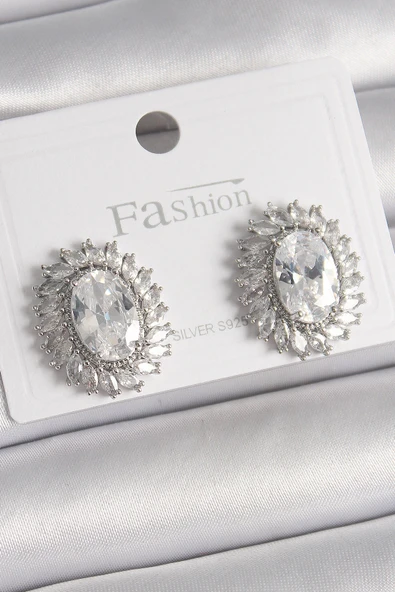 Pirinç Gümüş Renk Zirkon Taşlı Kadın Küpe ürün görseli