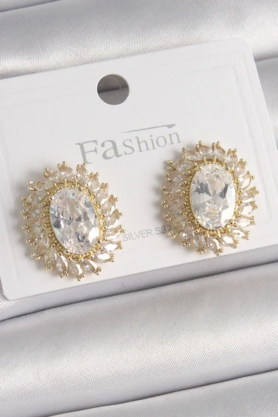 Pirinç Gold Renk Zirkon Taşlı Kadın Küpe ürün görseli