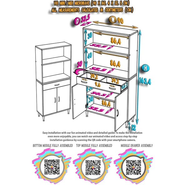 Modilayn VİO Fırın Dolabı (90x163,4x32.5 cm) Çekmeceli Kapaklı Mini/Midi Mikrodalga Mutfak Dolabı - 5