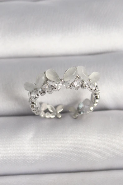 Pirinç Gümüş Renk Zirkon Taşlı Beyaz Mineli Kelebek Model Ayarlanabilir Yüzük ürün görseli