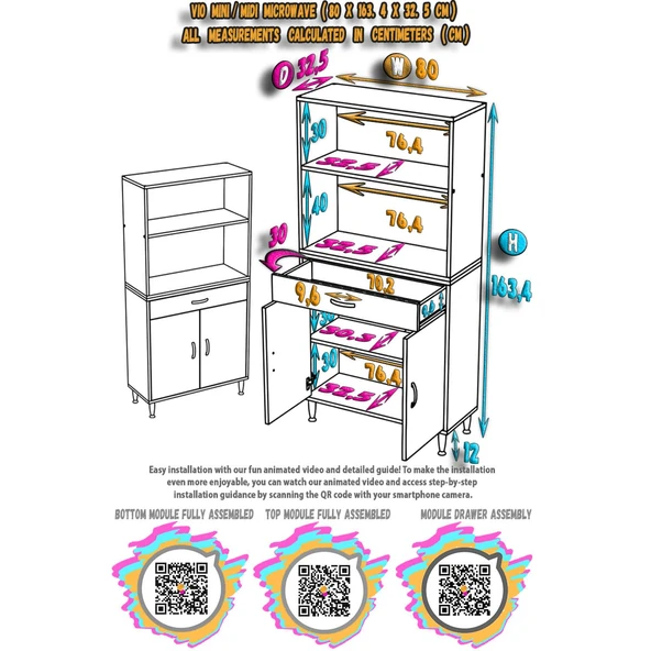 Modilayn VİO Fırın Dolabı (80x163,4x32.5 cm) Çekmeceli Kapaklı Mini/Midi Mikrodalga Mutfak Dolabı - 5