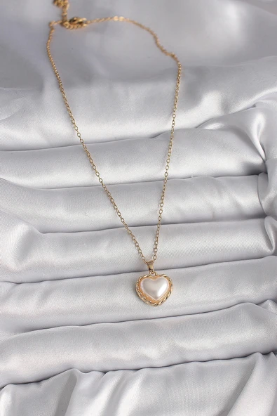 316L Çelik Gold Renk Zincir 3D İnci Kalp Model Kadın Kolye - Resim 2