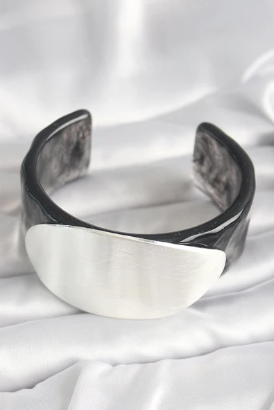 Siyah Mermer Desen Akrilik Plastik Gümüş Oval Plaka Model Vintage Kadın Bilezik - Resim 2