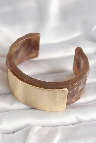 Kahverengi Mermer Desen Akrilik Platik Gold Dikdörtgen Plaka Model Vintage Kadın Bilezik - Resim 2