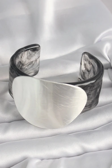 Siyah Mermer Desen Akrilik Pilastik Gümüş Plaka Model Vintage Kadın Bilezik - Resim 2