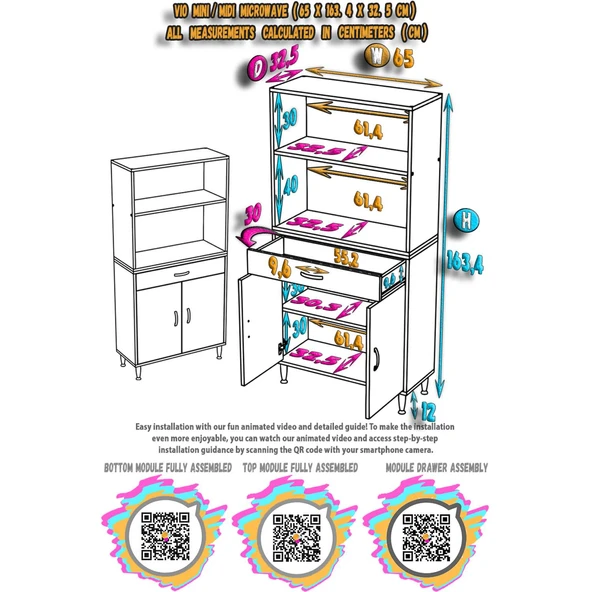 Modilayn VİO Fırın Dolabı (65x163,4x32.5 cm) Çekmeceli Kapaklı Mini/Midi Mikrodalga Mutfak Dolabı - Resim 5