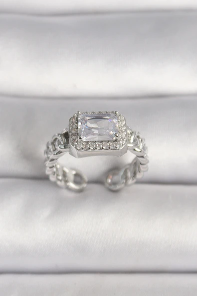 Pirinç Gümüş Renk Ayarlanabilir Zincir Kare Zirkon Taşlı Kadın Yüzük