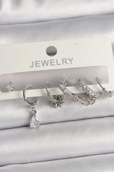 Pirinç Gümüş Renk Sallantı Zirkon Taşlı Halka Model Damla Taş Detay Kadın Küpe Seti ürün görseli