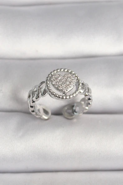 Pirinç Gümüş Renk Zincir Model Zirkon Taşlı Kalp Model Kadın Yüzük