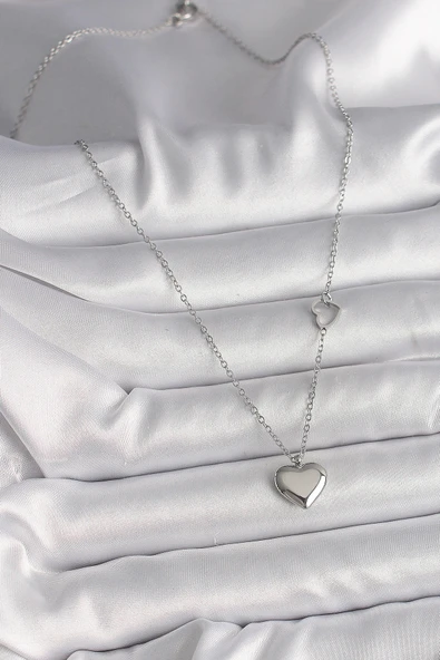 316L Çelik Gümüş Renk Zincir Kalp Detay Kalp Figür Kadın Kolye - Resim 2