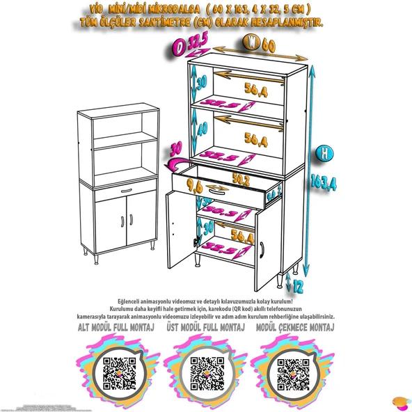 Modilayn VİO Fırın Dolabı (60x163,4x32.5 cm) Çekmeceli Kapaklı Mini/Midi Mikrodalga Mutfak Dolabı - Resim 4