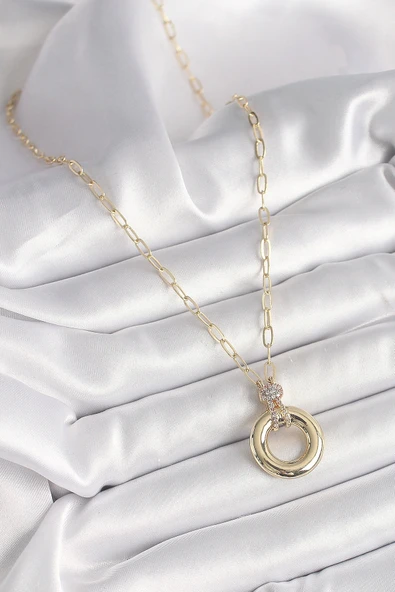 Pirinç Gold Renk Zirkon Taş Detaylı Madalyon Model Kadın Kolye - 2