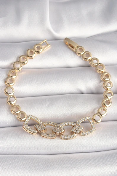 Pirinç Gold Renk Zirkon Taşlı Daire Zincir Model Kadın Bileklik