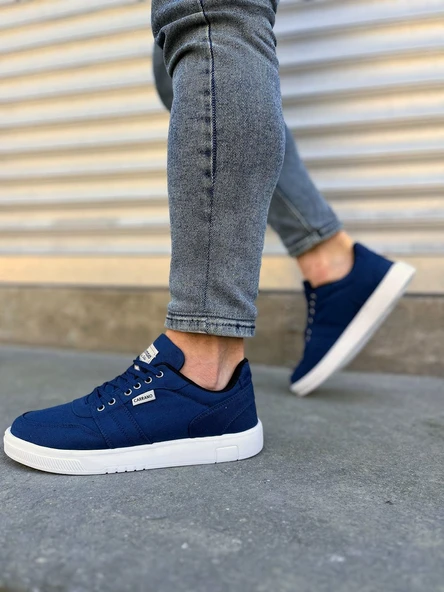 JET-0118 REX Bağcıklı Keten Kumaş Erkek Günlük Sneaker Ayakkabı KBT - Lacivert - Resim 3