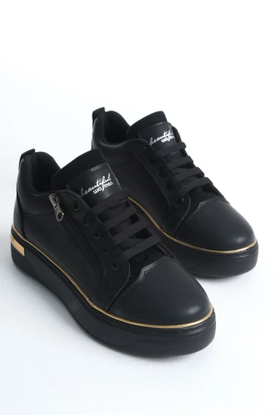 JET-DINA Bağcıklı Fermuarlı Ortopedik Taban Kadın Sneaker Spor Ayakkabı  CST - Siyah/Altın - Resim 4