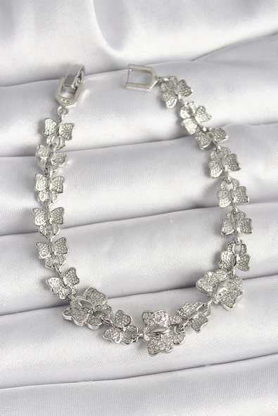 Pirinç Gümüş Renk Zirkon Taşlı Kelebek Model Zincir Kadın Bileklik ürün görseli