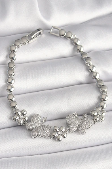 Pirinç Gümüş Renk Zirkon Taşlı Kelebek Figür Çiçek Zincir Model Kadın Bileklik ürün görseli
