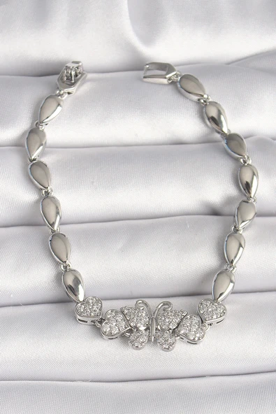 Pirinç Gümüş Renk Zirkon Taşlı Kelebek Figür Damla Zincir Model Kadın Bileklik