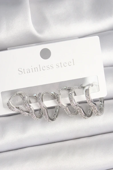 Pirinç Gümüş Renk Zirkon Taşlı 3 Çift Kalp Model Kadın Küpe ürün görseli