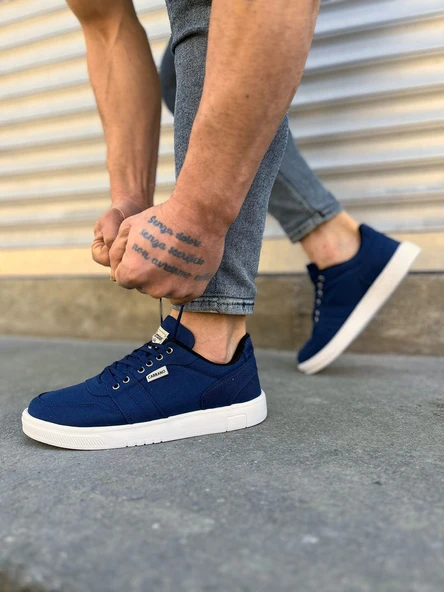 JET-0118 REX Bağcıklı Keten Kumaş Erkek Günlük Sneaker Ayakkabı KBT - Lacivert - Resim 2