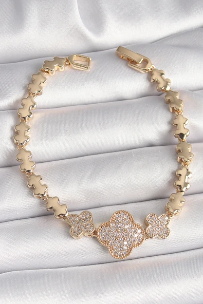 Pirinç Gold Renk Zirkon Taşlı Yonca Model Zincir Kadın Bileklik ürün görseli